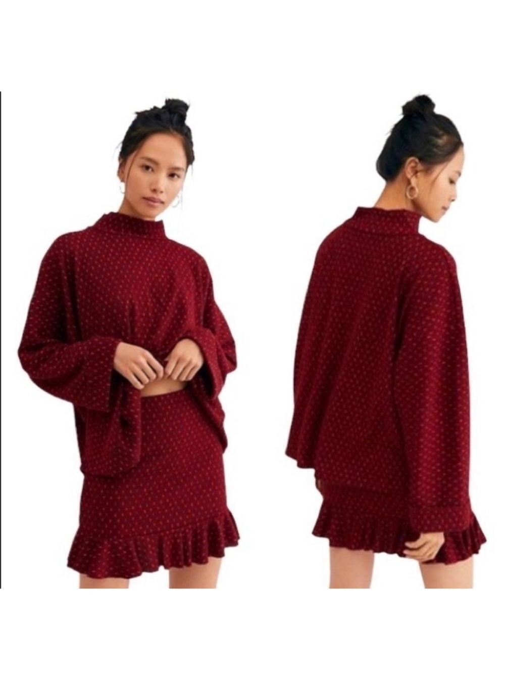 Free People Set the Mood Copper Combo Dot Mock-Neck Sweater and Skirt Set Large